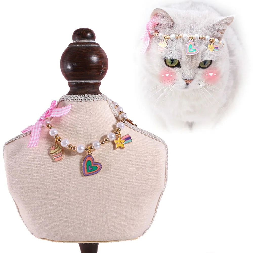 Adjustable Pet Pearl Necklace Collar Cat Accessories Cat Necklace Cute Lovely Heart Sphynx Cat Collar Puppy Doggy Kitty Jewelry